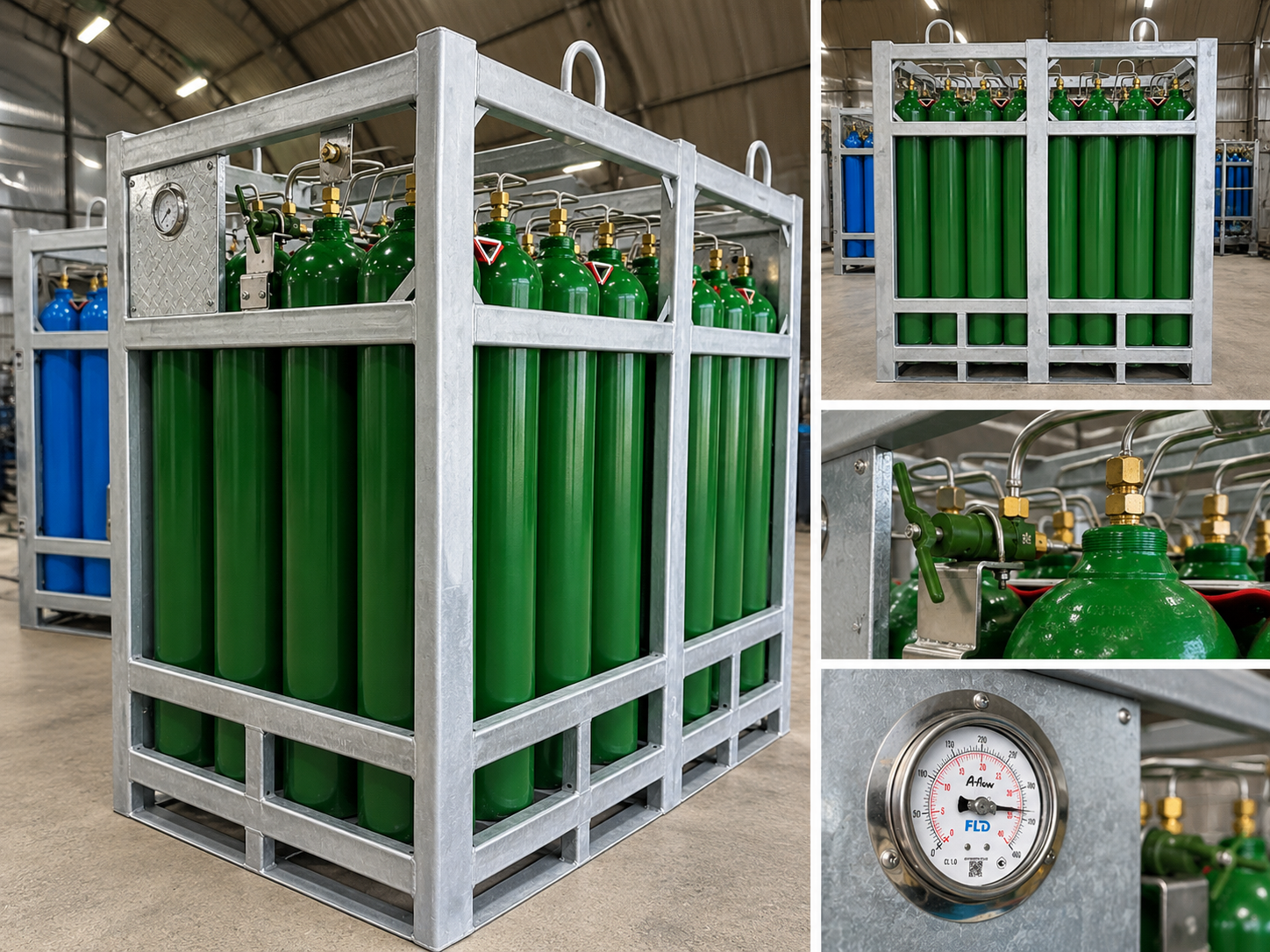 Cylinder bundle with detailed views of its manifold and pressure gauge