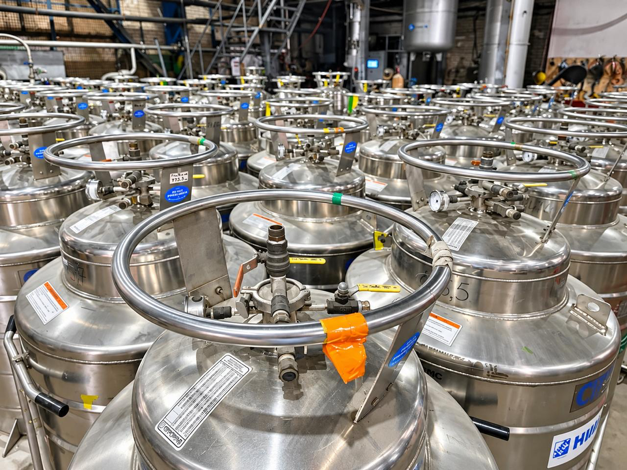Detailed view of valves, gauges and protective rings on cryogenic Dewars