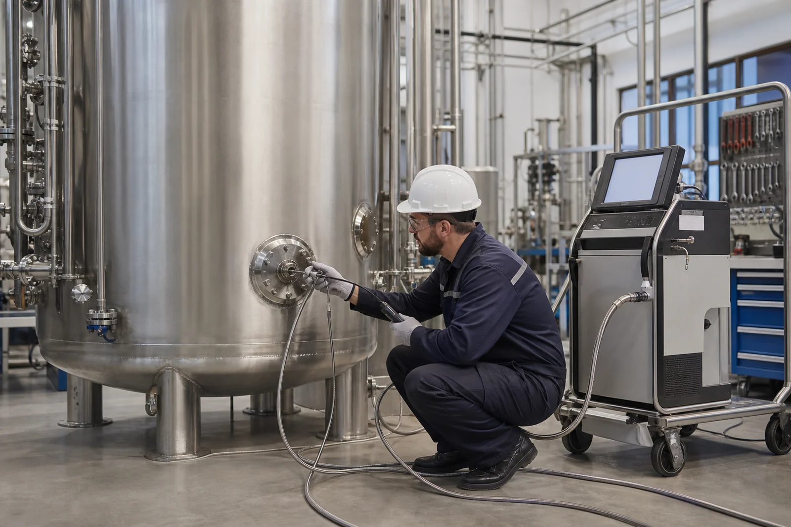 Illustration of a helium mass spectrometer vacuum leak test on a cryogenic vessel